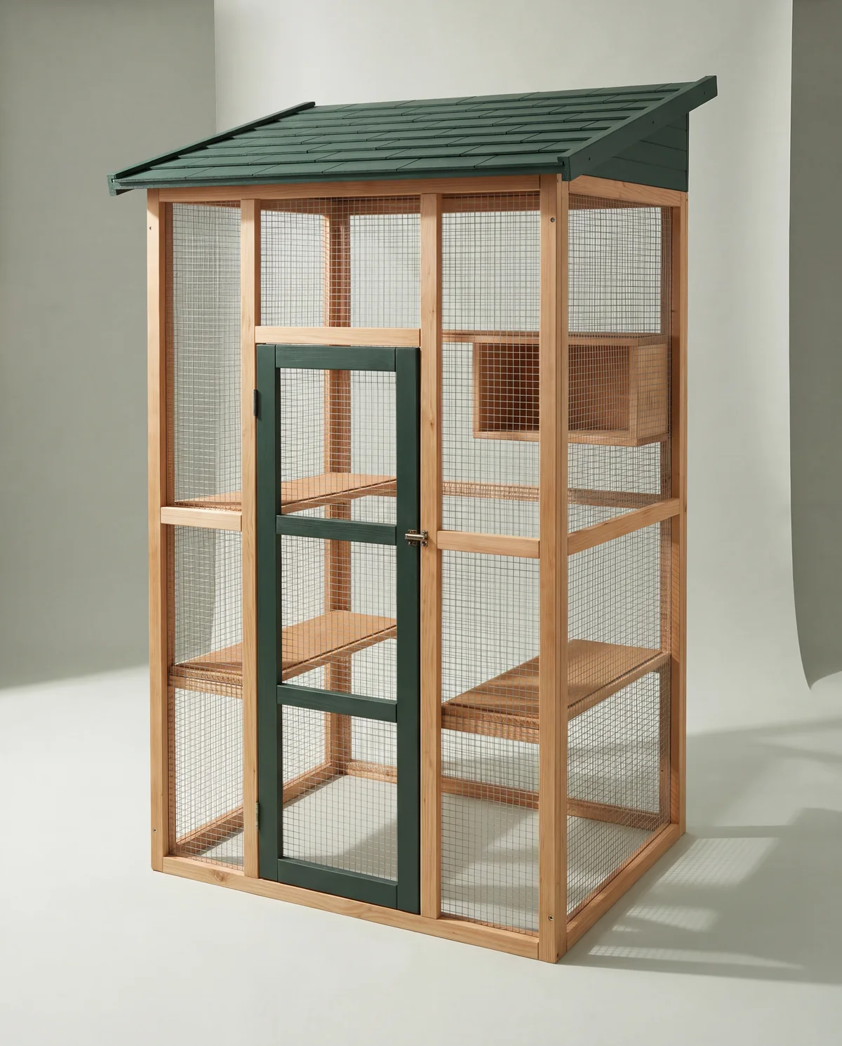 Walk-In Outdoor Cat Enclosure, walk-in, about 70 in tall, with several platforms